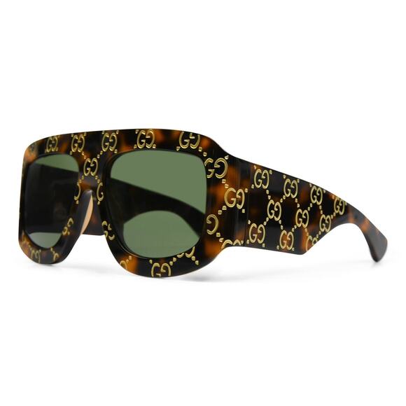Gucci GG0983S 002 Havana Gold Green Lens Soft Square Oversize Monogram Sunglass - Picture 1 of 6